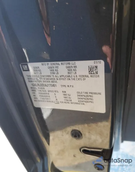 2010 GMC Acadia Sle z USA, uszkodzony, nr VIN 1GKLRLED3AJ170451